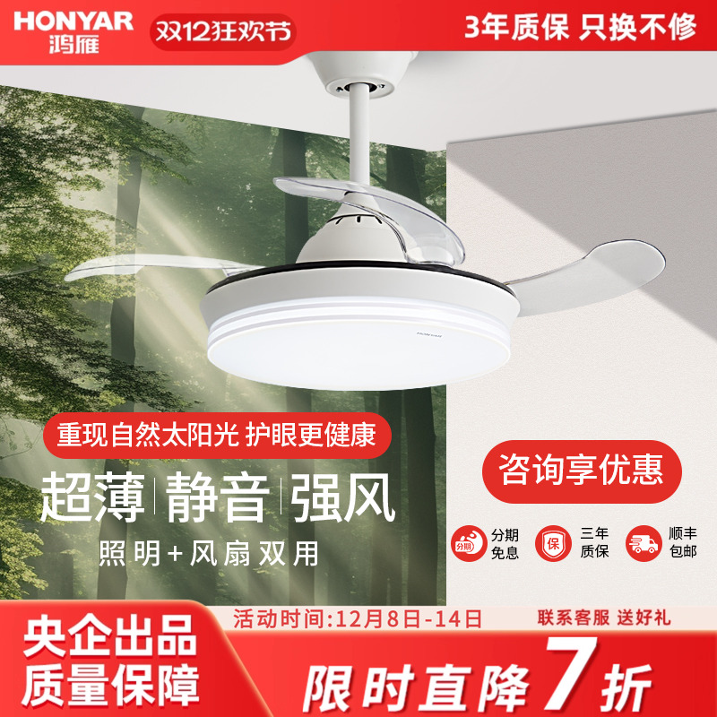 鸿雁照明风扇灯现代简约吊灯客厅卧室餐厅led灯家用电扇灯具