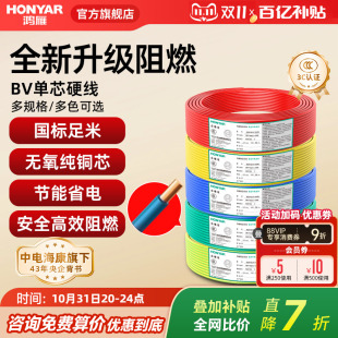 鸿雁电线家用BV2.5平方铜芯电线国标电缆铜线1.5 6纯铜单芯硬线