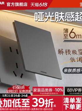 鸿雁超薄哑光肤感开关插座面板家用86型多孔双控五孔暗装墙壁E9灰