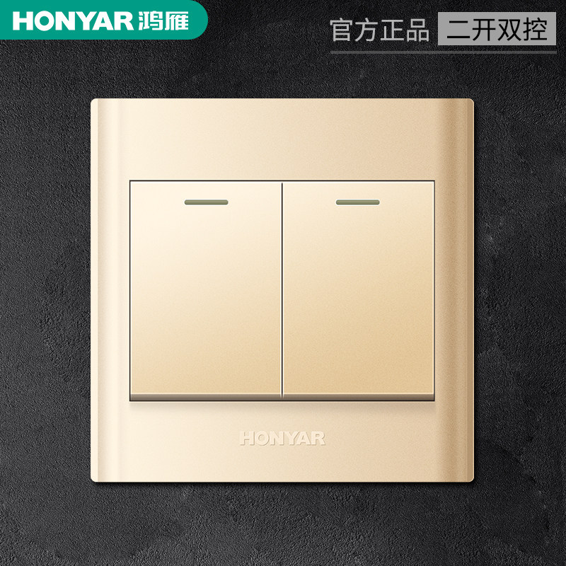 鸿雁开关插座香槟金电灯开关面板2开双开双控两开双控带荧光开关