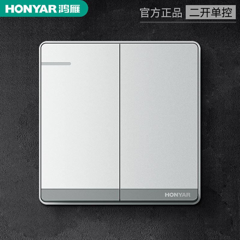 鸿雁开关插座 2位二开单控开关双开两开单联面板家用暗装86型银色