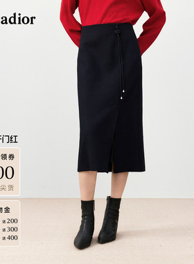 珂莱蒂尔2025冬黑色羊毛半身裙新中式国风年款盘扣女中长款半裙