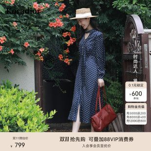 珂莱蒂尔2025秋新法式 波点连衣裙港风裙子 优雅蝴蝶系带领中长款