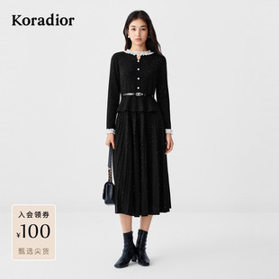 珂莱蒂尔2025年冬季新款假两件绵羊毛混纺法式针织连衣裙小黑裙女
