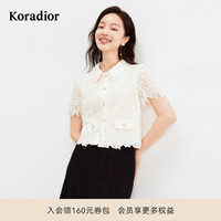 珂萊蒂爾夏季時(shí)尚氣質(zhì)設(shè)計(jì)感蕾絲短袖翻領(lǐng)短款薄外套女