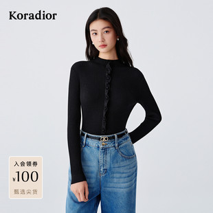 珂莱蒂尔三明治穿搭2025冬新款100绵羊毛木耳边针织打底衫