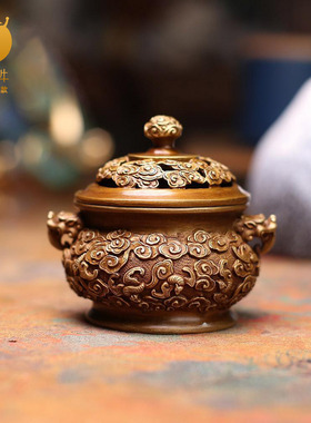 有福云纹炉黄铜办公室书房摆件