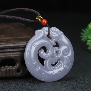 和田玉烟紫玉龙形玉佩吊坠男镂空龙牌仿古龙项链新疆玉生肖龙挂件