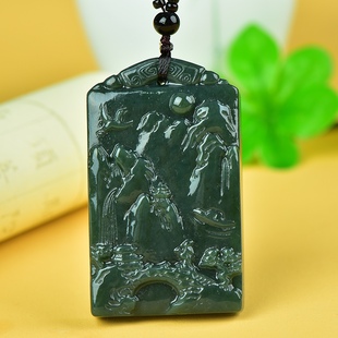 新疆和田玉山水牌吊坠天然黑青玉平安无事牌挂件男款玉佩牌子项链