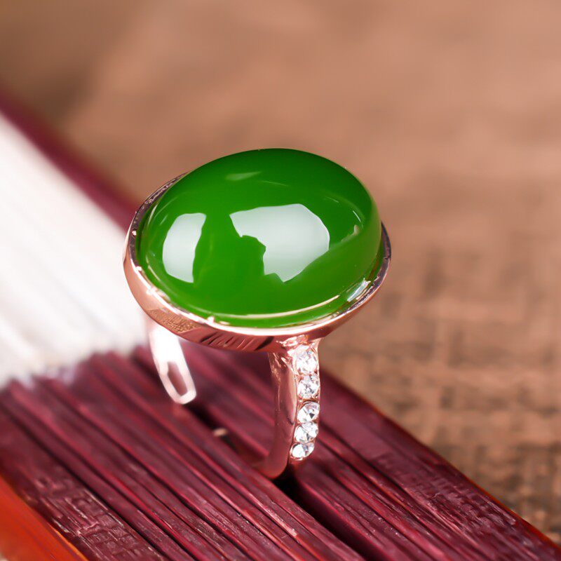 和田碧玉戒指天然a货蛋面碧玉女士18k玫瑰金戒面镶玉石戒指指环活