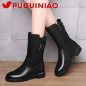 马丁短靴真皮妈妈鞋 富贵鸟粗跟中筒靴女2023秋冬季 新款 平底瘦瘦靴