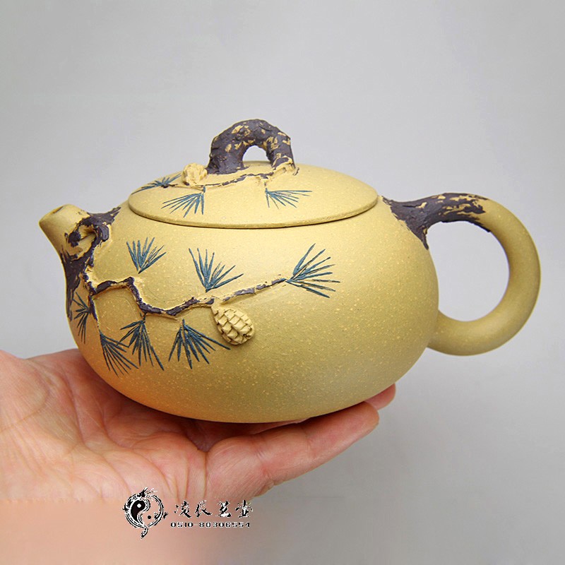 全手工松针壶扁西施壶260CC宜兴名家紫砂壶原矿黄金段泥树桩茶壶