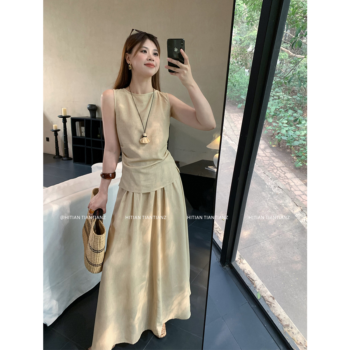 hitian | 恬恬郑  “自在如风”新中式无袖露背系带上衣+显瘦半裙