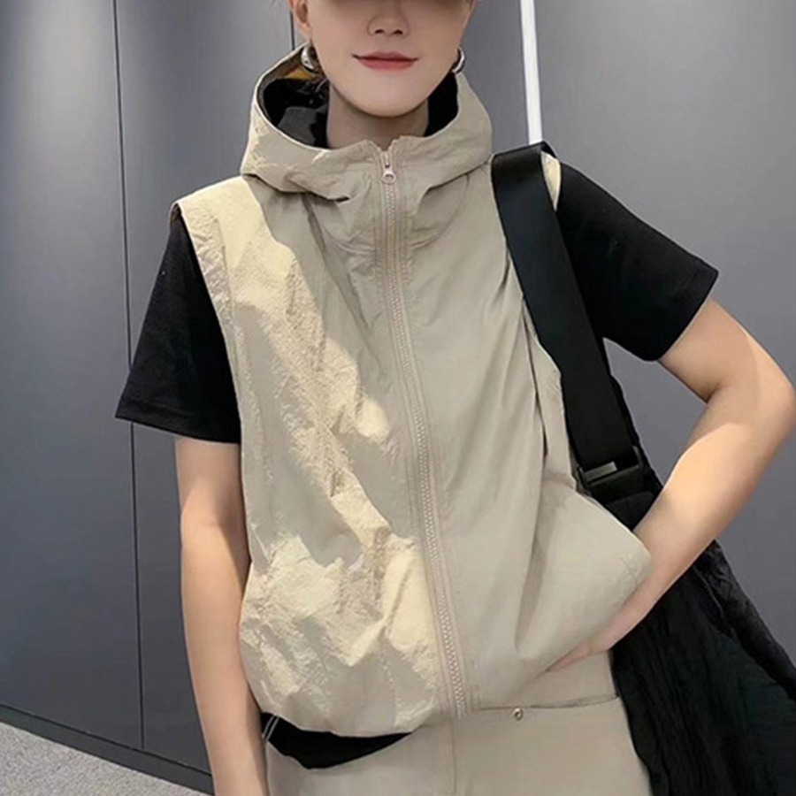 连帽无袖透气冲锋衣马甲外套女2024春夏新防晒衣百搭休闲上衣