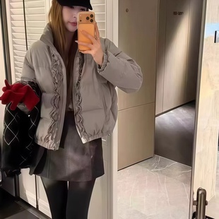 韩版立领木耳边短款羽绒服外套女2025冬季新款设计感白鸭绒上衣潮