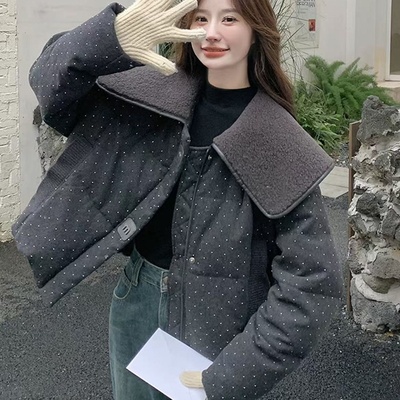 设计感娃娃领羊羔毛拼接棉服女秋冬季保暖短款小个子烫钻棉衣外套