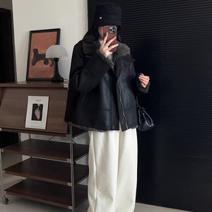 两面穿环保皮衣外套女2025冬季新款美式复古皮毛一体pu皮短款棉服