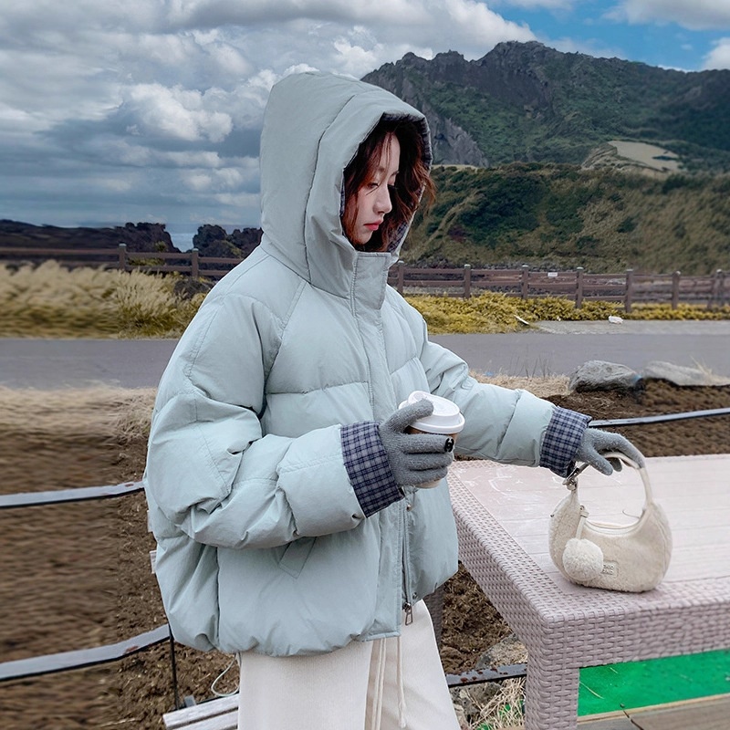 蓝色短款羽绒服女2025新款冬季韩系设计感格纹拼接连帽白鸭绒外套