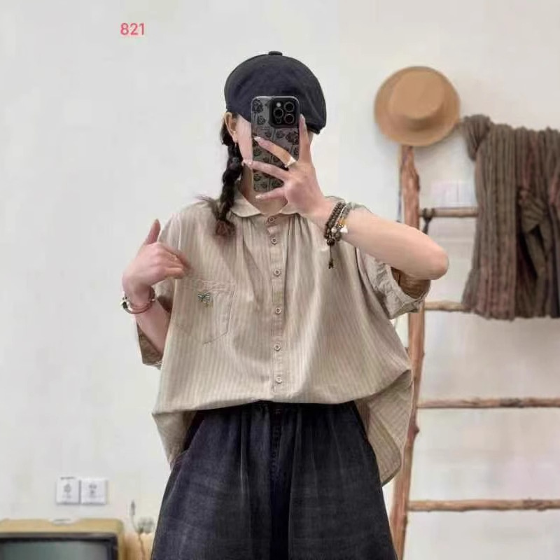 25年夏款衬衫短袖女格子日系衬衣短袖宽松休闲学院风衬衫半袖薄款