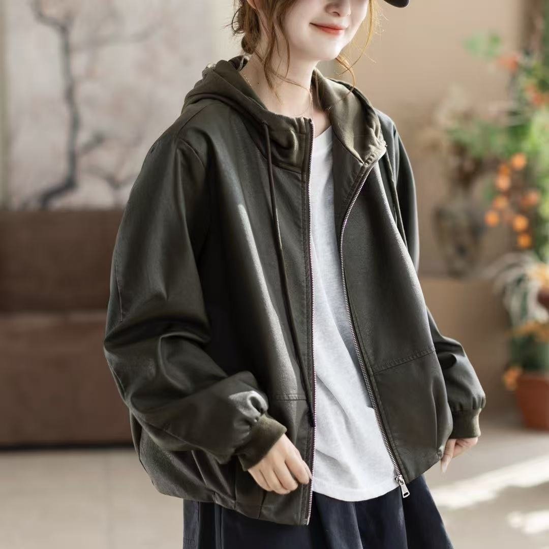 2026年春款皮衣外套女连帽宽松休闲韩版学院风外套新款慵懒风上衣,女装/女士精品,皮衣,淘宝优惠券,粉丝福利购,淘宝优惠卷