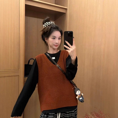 韩版时尚套装女2025秋季新款宽松针织背心圆领长袖T恤两件套上衣