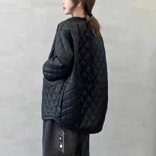 冬款夹棉皮衣外套女宽松休闲开衫外套保暖加绒加厚菱形格韩版外套