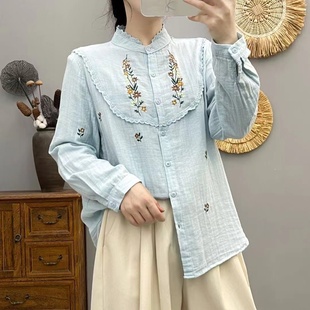 刺绣双层棉纱蕾丝花边衬衣宽松休闲亲肤新款 长袖 衬衫 24年秋款