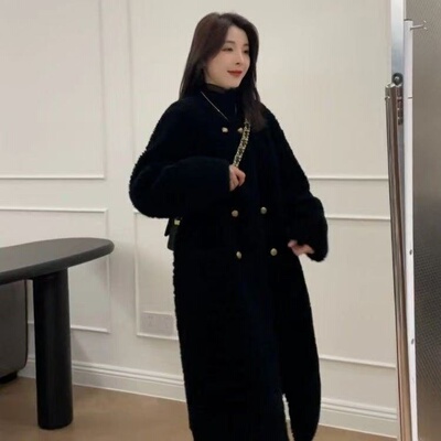 皮毛一体双排扣羊羔毛外套女2024秋冬慵懒风加厚中长款摇粒绒