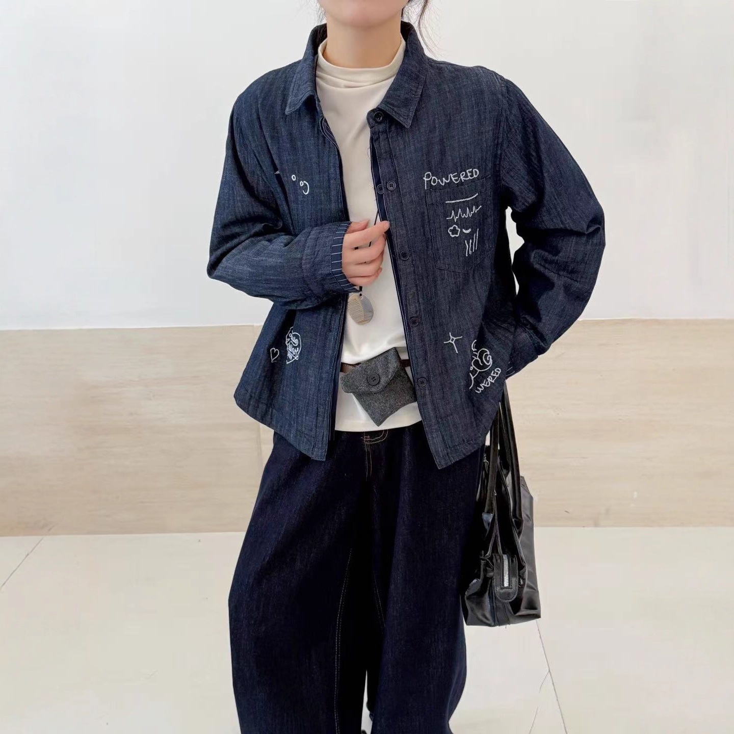 25年冬款棉衣牛仔衬衫加棉加厚保暖卡通印休闲学院风棉服外套新款