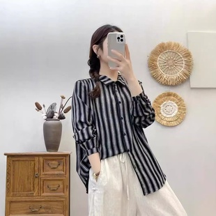 学院风衬衫 24年秋款 衬衣女宽松休闲韩版 条纹长袖 双层棉纱 衬衫