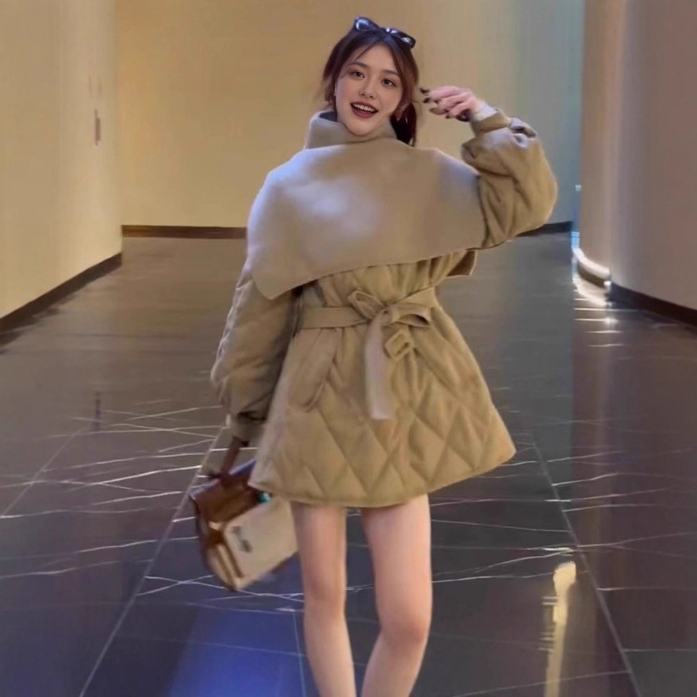 韩系针织披肩+收腰羽绒服女2025冬季新宽松中长款系带白鸭绒外套