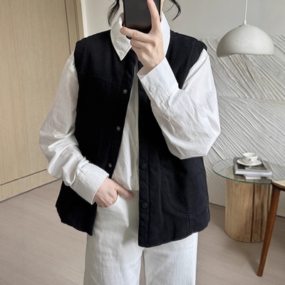 夹棉马甲女日杂风冬季新款复古宽松小个子立领叠穿短款背心棉袄