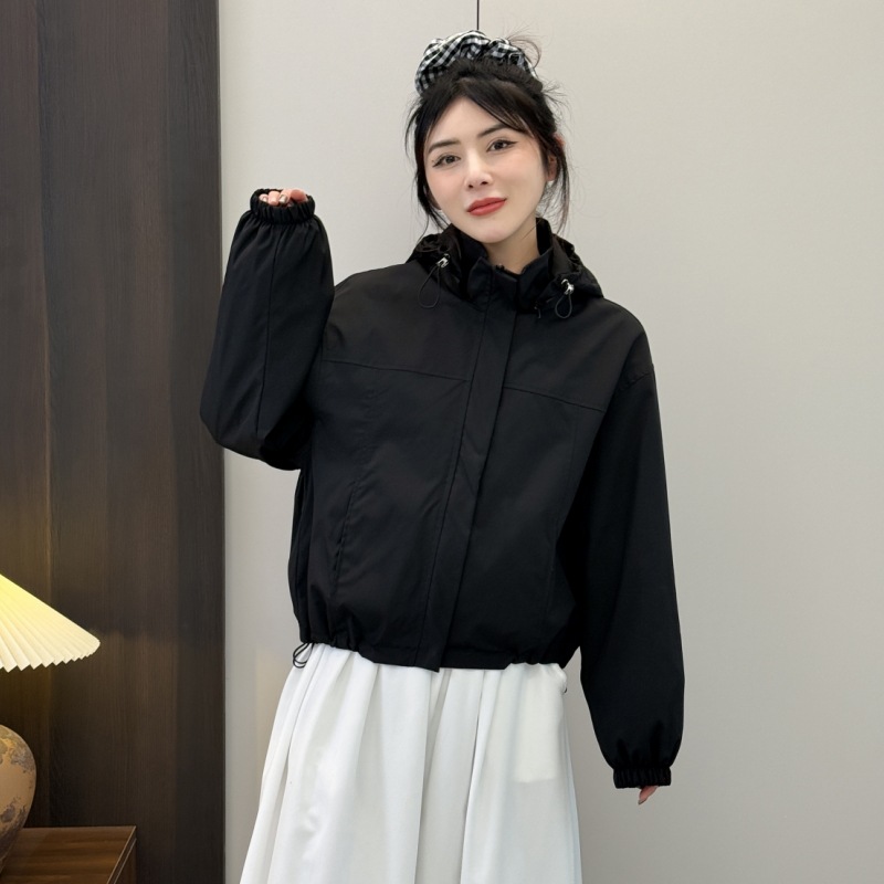 2025春夏宽松显瘦抽绳薄款短可脱卸帽子外套女棒球服防晒衣上衣