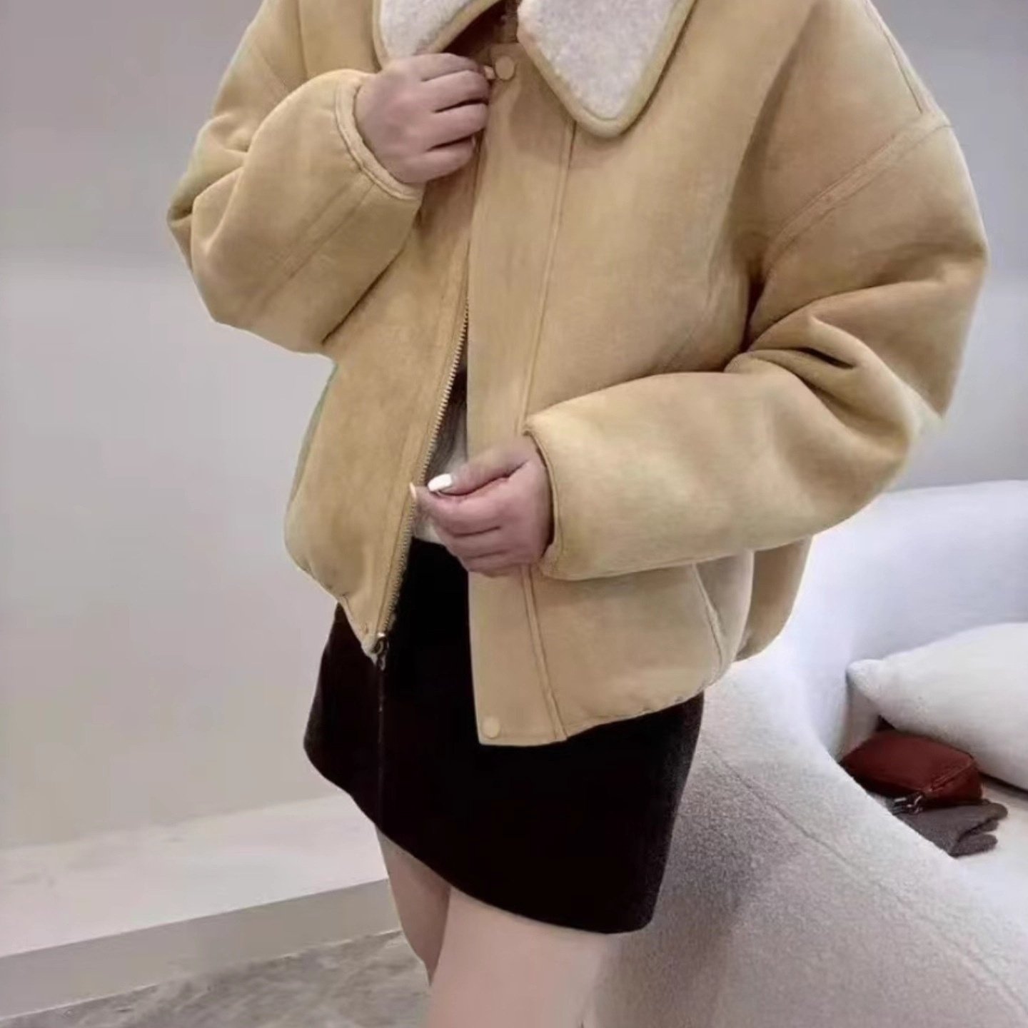 皮毛一体羊羔毛外套女2025秋冬季新款小个子复古感麂皮羊羔绒