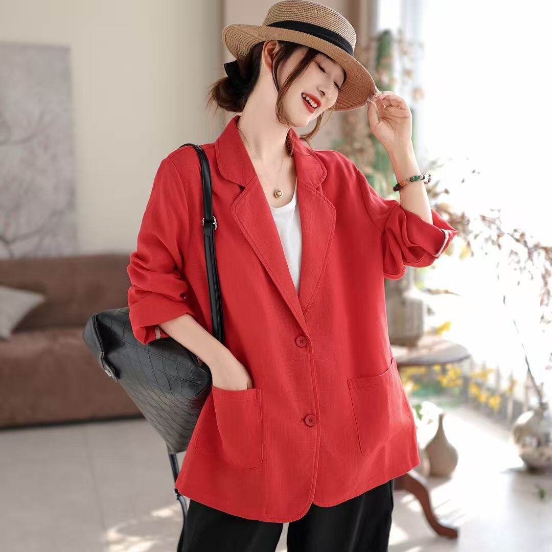 26年春款外套女亚麻宽松休闲西装外套上衣亲肤慵懒风西装外套新款