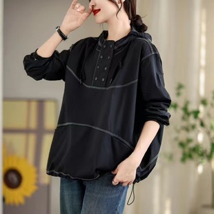 外套衬衣拼接明线学院风衬衫 连帽女宽松休闲长袖 衬衫 24年秋款
