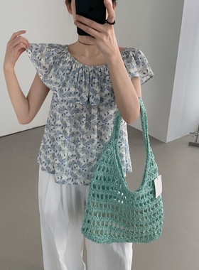 about moon2025夏季可一字肩两穿天丝麻小花复古花小衫女51514