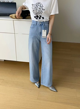 overrich2025夏季韩系字母薄款显瘦浅色高腰直筒牛仔裤女裤17792