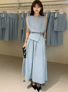 overrich九禾2025夏季棉麻法式气质无袖两件套女背心+长裙24496