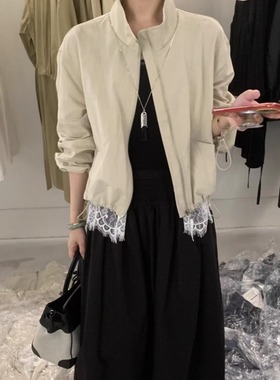 9roove九禾2025秋季蕾丝短外套设计感立领拉链小个子上衣女26075