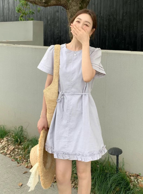 overrich富婆家2025夏季亚麻木耳边韩版时尚简约气质连衣裙24746