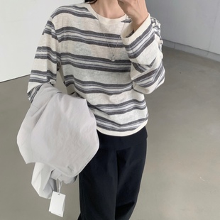 女宽松百搭长袖 条纹清新T恤打底衫 52063 moon月亮家2025秋季 about