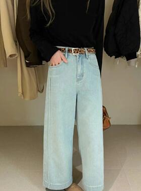 overrich2025冬季韩系纯棉加绒豹纹法式高腰阔腿牛仔裤裤22145