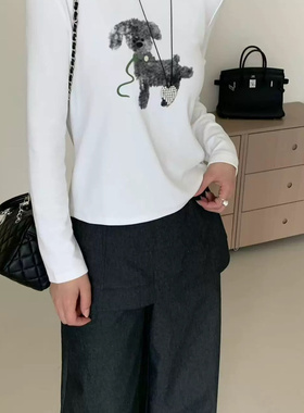 overrich九禾tooget2025秋季小狗刺绣印花长袖T恤女百搭休闲26204