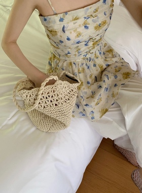 about moon月亮2025夏季苎麻度假复古花抹胸吊带肩带可脱卸01088