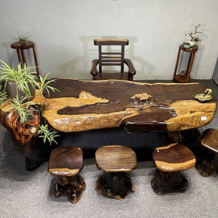 黑檀实木大板桌根雕古典整块原木别墅茶桌高端茶台办公室桌椅组合