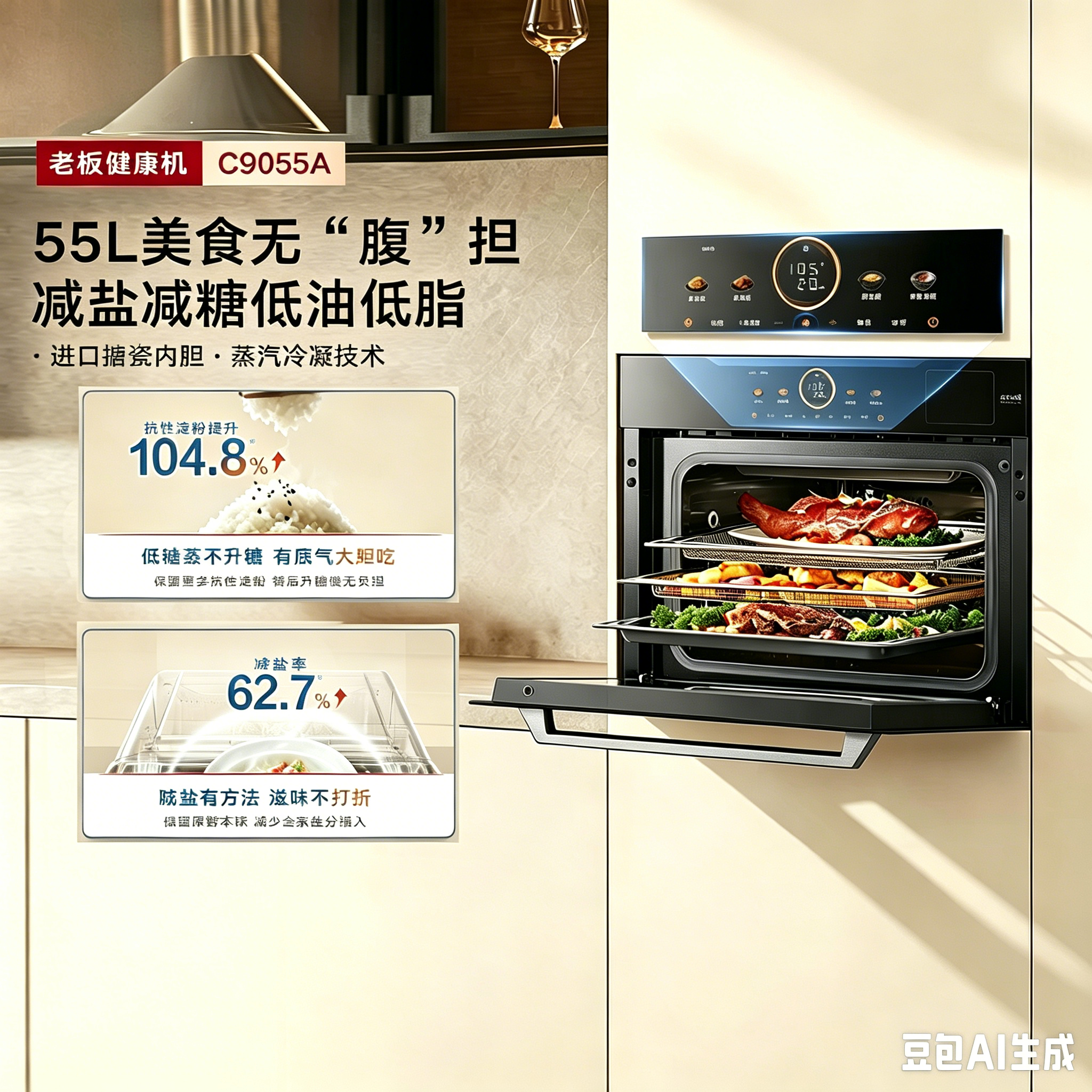 老板新品C9055A智能蒸烤炸炖一体机55L动态彩屏家用嵌入式蒸烤箱