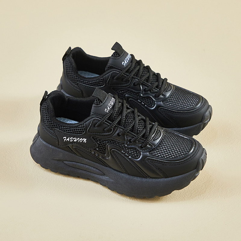 黑色运动鞋女款2025新款夏季薄款透气鞋子女鞋百搭厚底增高老爹鞋