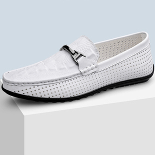 夏季 洞洞皮凉鞋 软底豆豆鞋 皮鞋 真皮英伦韩版 白色休闲镂空透气男鞋