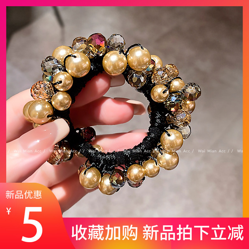 高奢香槟珍珠水晶高弹发圈